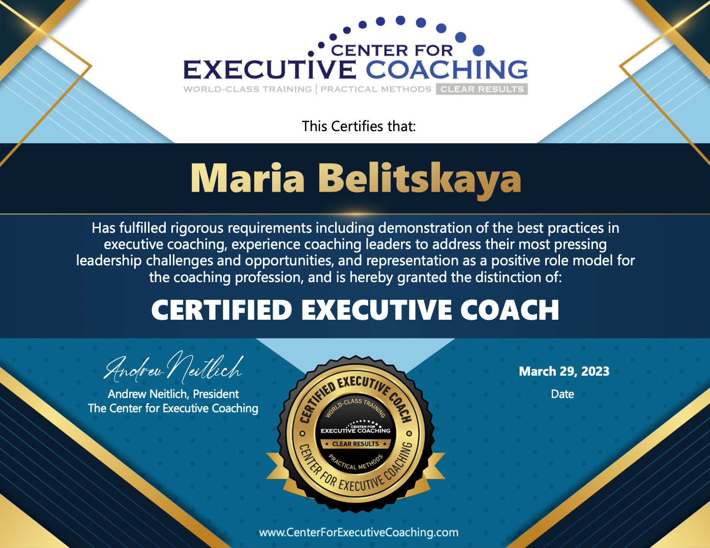 Center for Executive Coaching certificate for Maria Belitskaya