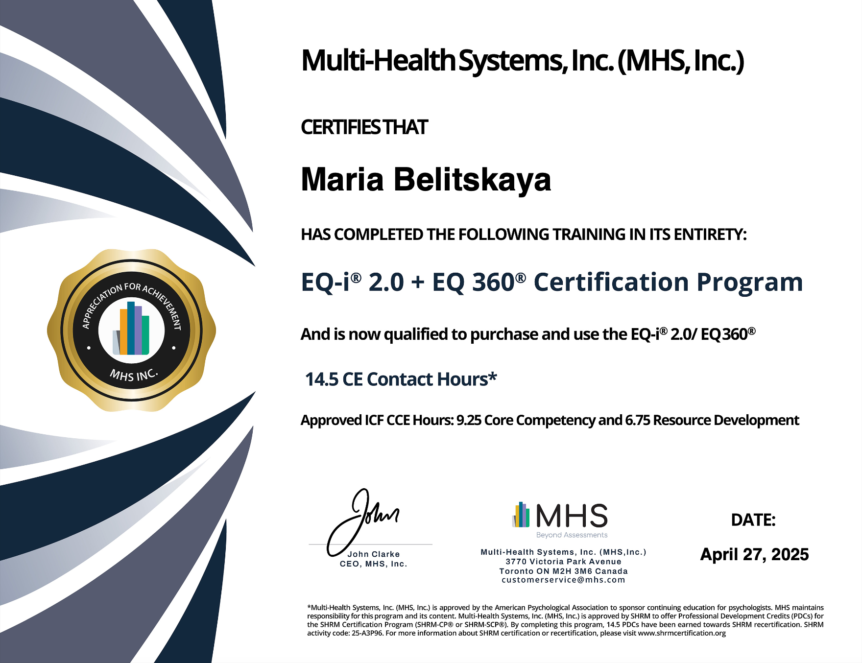 EQ-i 2.0 and EQ 360 Certification for Maria Belitskaya