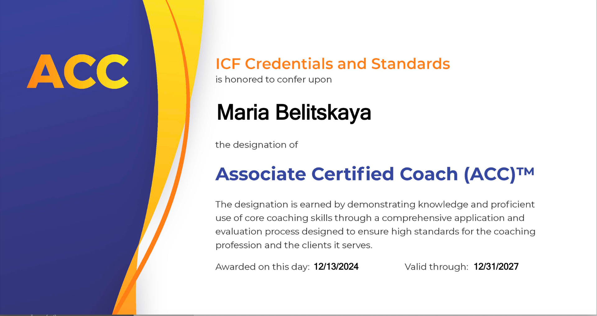 ICF Associate Certified Coach certificate for Maria Belitskaya